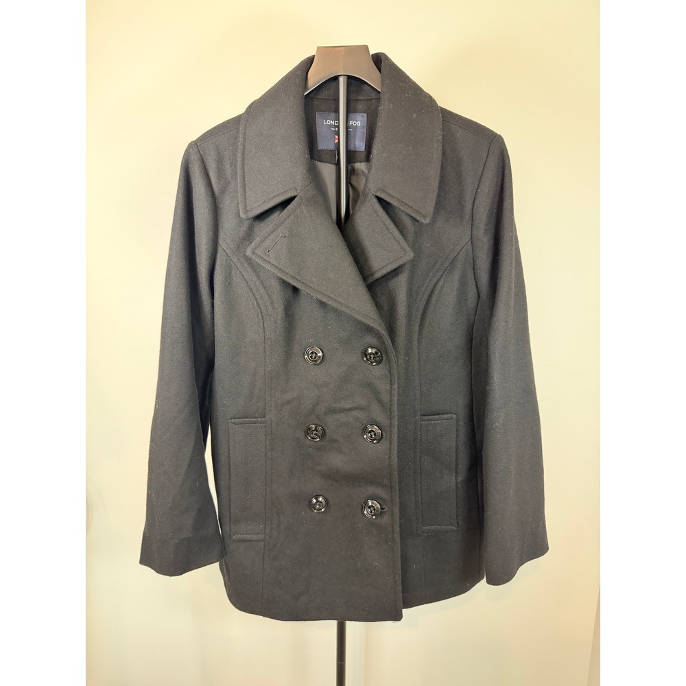 London Fog Womens Black Wool Blend Double Breasted Pea Coat Size Large L